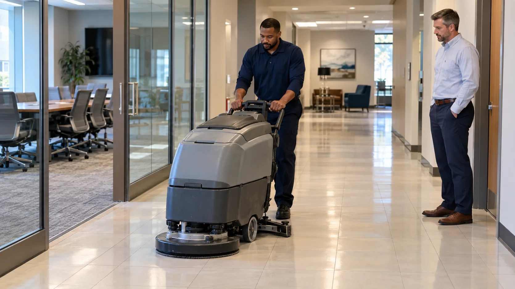 Birmingham commercial hallway floor cleaning Cleaning technician operating a floor scrubber in an office hallway while a facility manager observes.