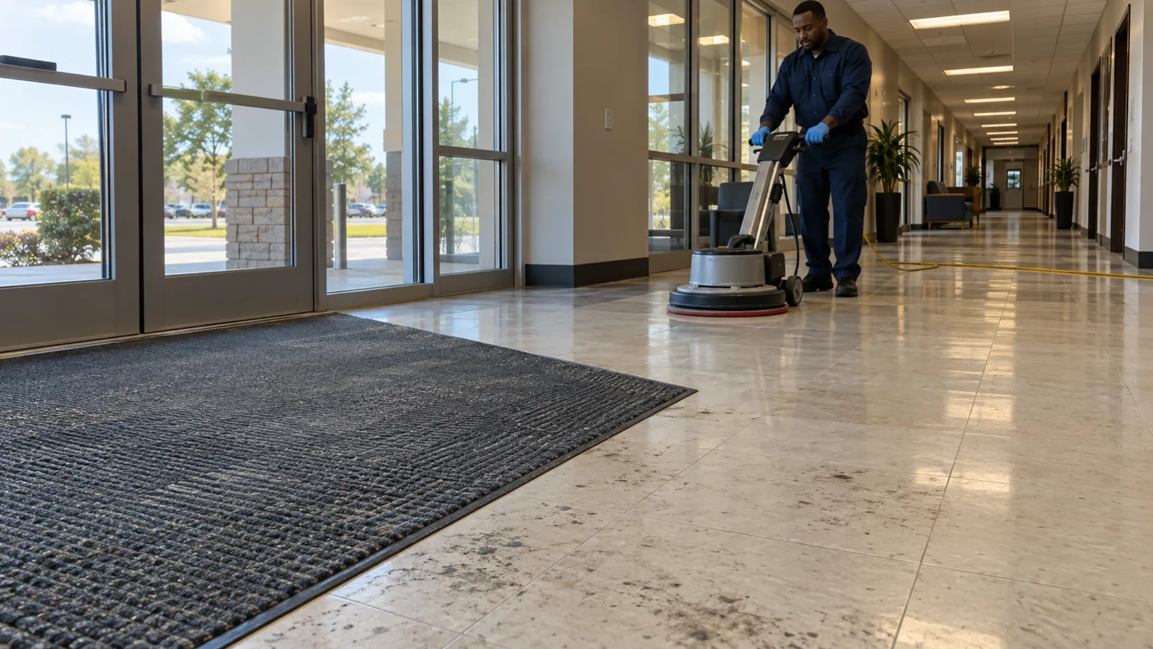 Commercial Floor Care in Action Technician cleaning a commercial entrance floor with a rotary scrubber near a carpet mat and visible dirt buildup.