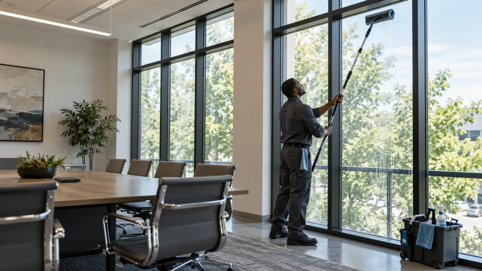 Office Window Cleaning Access Assessment Floor-care technician inspecting VCT flooring beside a carpeted meeting room with a facility manager.